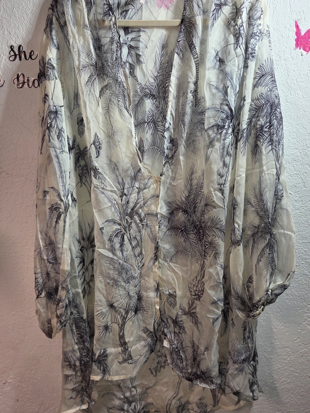Aguaclara Luxury Ivory Palm Tree Toile Print Open Front Resort Kimono Cover Up O
